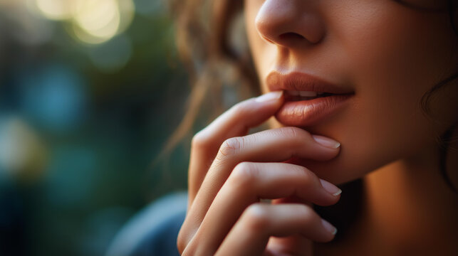 Close-up of hand pressing lips then releasing in a portrait with blurred background and copy space conveying suppressed words and quiet emotional nuance