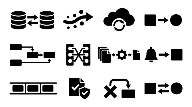 Data Flow and Synchronization Silhouette Icon Set &ndash; ETL, Cloud Sync, Streaming and Integration Symbols
