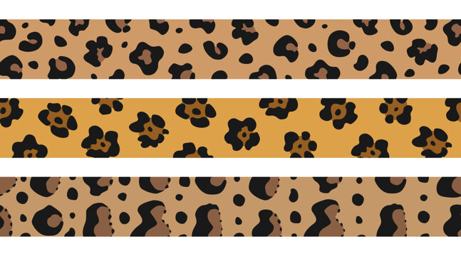 Wild cat animal print border set. Horizontal seamless patterns with leopard, jaguar and clouded leopard spots. Exotic feline skin textures for fashion and textile design.