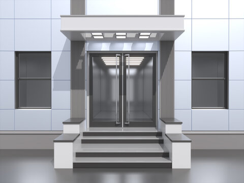 Modern front porch mockup of paneled building, double glass doors and overhang with lighting. Sleek, minimalist front entrance design. 3d illustration on grey background