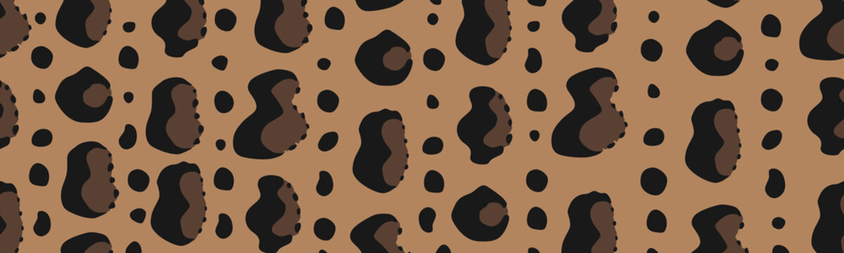Clouded leopard animal print seamless border. Horizontal pattern with large exotic animal spots and feline skin texture. Vector wild cat ornament for fashion and textile design.