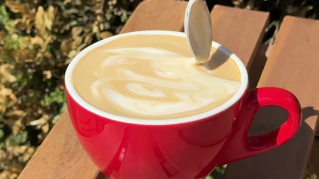 Female hands stirred with a spoonholding a red cup of hot cappuccino with creamy rosetta latte art, evoking cozy morning coffee break and warm cafe comfort