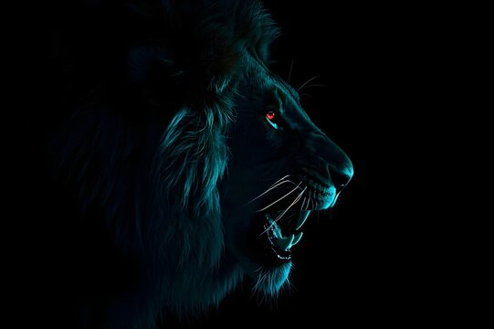 Moody Roaring Lion Portrait with Teal Lighting and Glowing Red Eyes