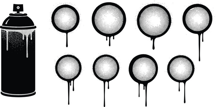 Spray paint illustrations with dripping circles, stippled textures, and street art graffiti vector design concepts