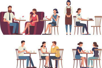 Fototapeta premium Flat Vector Illustration of Diverse People Sitting in a Cafe Restaurant Enjoying Drinks and Socializing in Small Groups