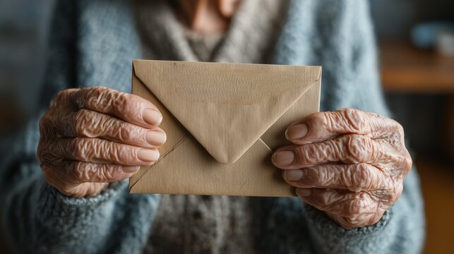Elderly woman holding handwritten letter envelope symbolizing memory connection and emotional communication