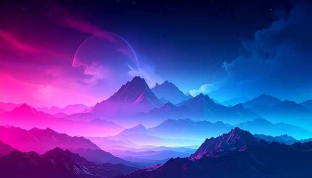 Dramatic landscape of mountains with vibrant neon pink and blue lighting