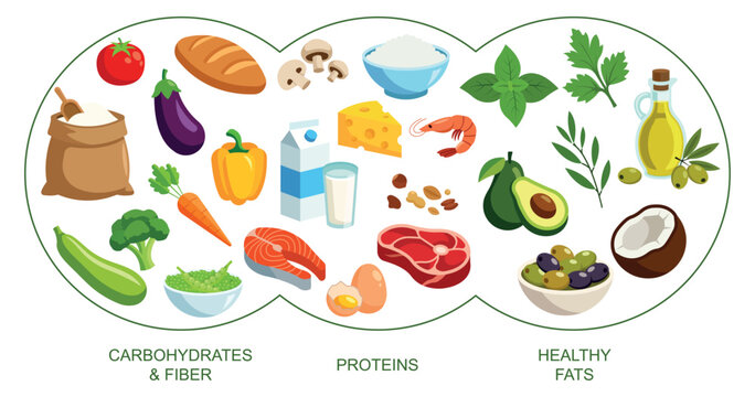 Proteins, fats and carbs presented by food products.Proteins, fats and carbohydrates contained in food are a combination.