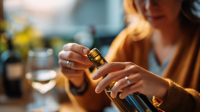 Close up of a hand picking at a bottle label with soft focus and blurred background conveying subtle tension and absentmindedness with copy space