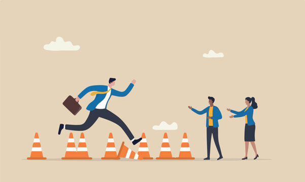 Overcome together blocker, effort to break through road block, solution to solve business problem concept, smart bravery businessman run the way around and jump pass traffic pylon roadblock