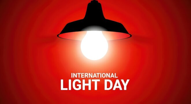 International Day of Light poster with single light bulb shining on dark red background with rays