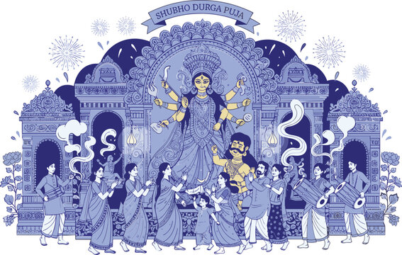 Shubho Durga Puja Festival Illustration with Goddess, Devotees, and Temple Celebration Design