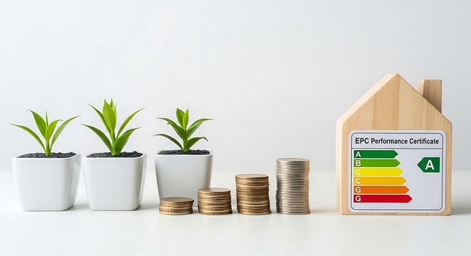 Energy Performance Certificate concept with wooden house model, growing plants in pots and stacks of coins, sustainable home investment and green housing