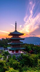 Fototapeta premium Pagoda at sunset, dramatic clouds over mountains
