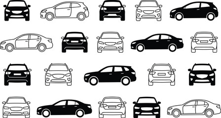 Large collection of car icons in front side and back view black silhouette and line art style for automotive design © Utpal