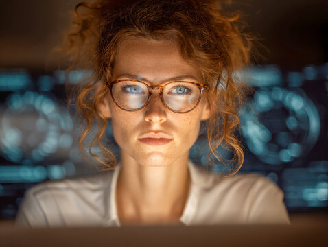 Focused woman with glasses analyzing complex digital data on multiple screens in a futuristic high-tech environment during night hours