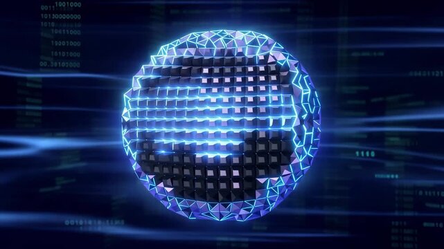 An abstract binary code background featuring a digital blue earth globe illustrates a global data network and internet communication technology concept tech animation video