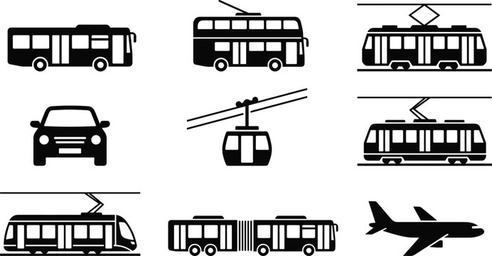 Transportation Vehicle Icon Set Featuring Bus, Tram, Car, Cable Car, Train, and Airplane for Public Transit and Travel Design