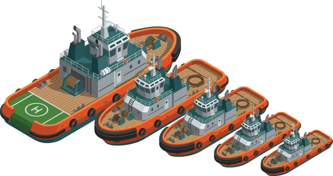 Set of Tugboat Illustrations Featuring Various Sizes for Digital Art, Maritime, and Transportation Graphics