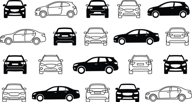 Large collection of car icons in front side and back view black silhouette and line art style for automotive design