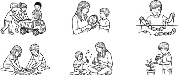 Fototapeta premium Set of Children's Activities Illustrations Featuring Playtime, Learning, and Creative Play for Digital Art and Educational Graphics