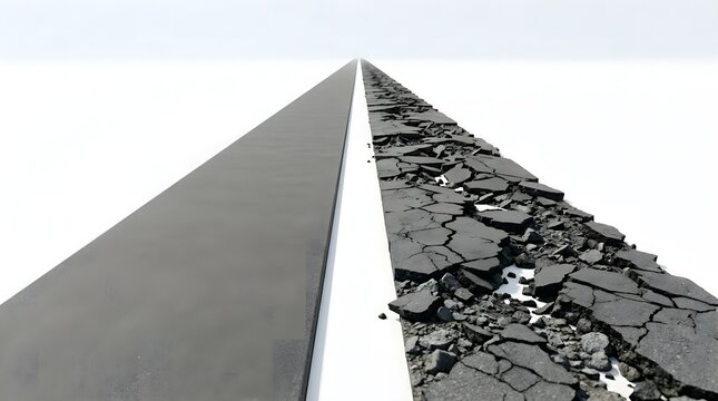 Parallel Smooth and Broken Asphalt Road Concept Metaphor for Success and Failure Choice on White.