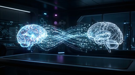 Obraz premium Artificial Intelligence Neural Network Data Transfer Between Digital Brains in High-Tech Laboratory Concept.