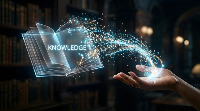 Digital Knowledge Concept with Glowing Book and Binary Code Flowing from Hand in a Library.