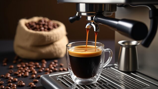 Rich espresso pours from a machine into a clear glass cup, topped with crema, with scattered coffee beans and a burlap sack in the background.