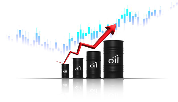 Black oil barrels with growth arrow on financial graph illustration transparent background.