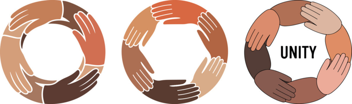 Diverse hands forming circle unity symbol with text