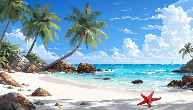 Beach vacation concept vector with starfish on sandy shore, tropical ocean waves, and relaxing summer scenery.