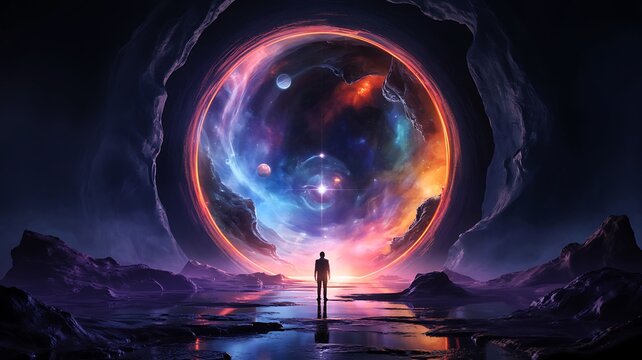 Man standing before a glowing cosmic portal in a surreal alien landscape, reflecting on water