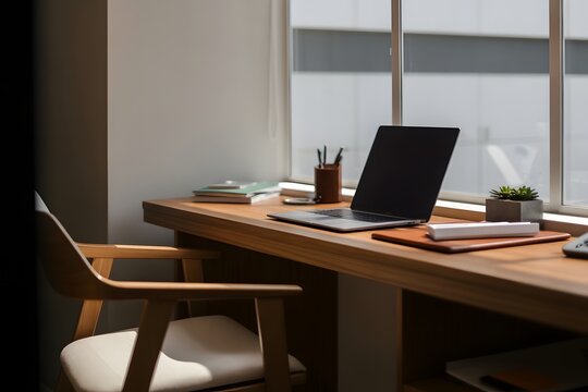 A modern home office with a wooden desk and chair in front of a window with natural light