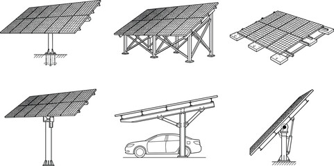 Set of Solar Panel Installation Illustrations Featuring Ground-Mounted, Carport, and Roof-Mounted Solar Systems for Renewable Energy Graphics © Md Shujan islam