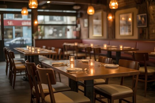 A cozy restaurant dining room with tables set for dinner and warm lighting
