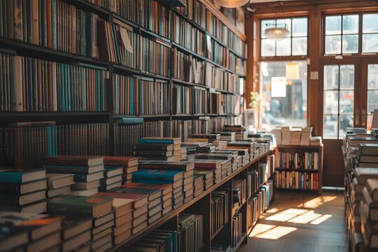 A cozy library with rows of books on wooden shelves and natural light from large windows