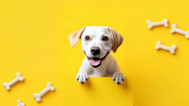 Panning tracking shot of playful labrador puppy popping up and peeking over yellow panel with scattered chew bones on studio backdrop