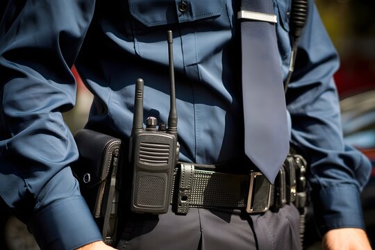 A police officer wearing a utility belt with a radio and other equipment
