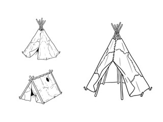 A collection of black and white line art depicting primitive skin tents and historical nomadic shelters from the Viking Age and Iron Age of Scandinavia. © blimbink