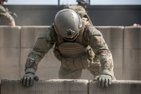A soldier in camouflage gear climbing over a concrete wall during a military training exercise outdoors