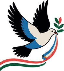 Obraz premium Dove flying with olive branch and tricolor ribbon bird