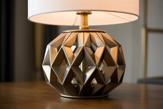 A stylish table lamp with a unique geometric base and white shade on a wooden surface