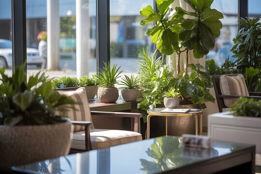 A modern office interior with numerous potted plants on tables and chairs in a bright and airy room