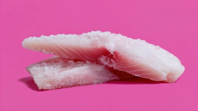 Static close up pan of frozen white fish fillets stacked and resting on pink studio tabletop background