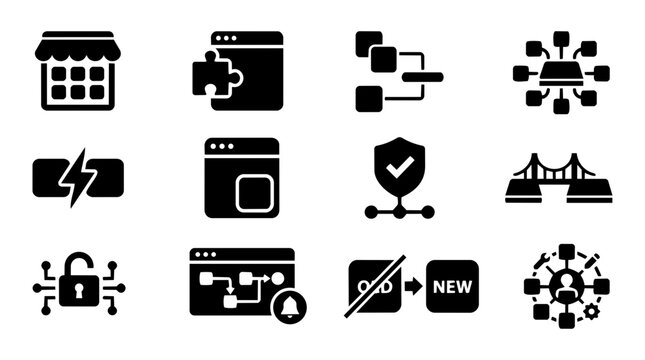 Software Integration Ecosystem Silhouette Icon Set &ndash; API, Plugins, No Code and Platform Symbols