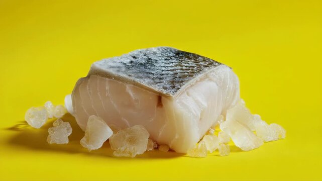 Tracking slow motion pan of raw cod fillet resting on ice on yellow tabletop studio background