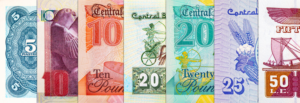 Egyptian Pound banknotes. Macro shot of various denominations of Egyptian currency. African money.