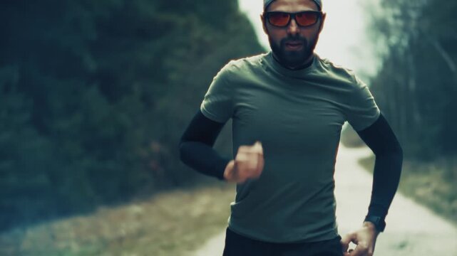 Jogging On Forest Path During Morning Workout. Healthy Routine