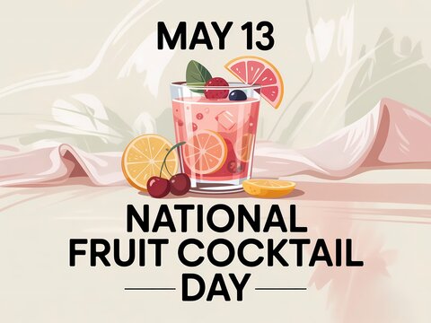 National fruit cocktail day celebration with a refreshing glass of fruit punch decorated with citrus slices and berries